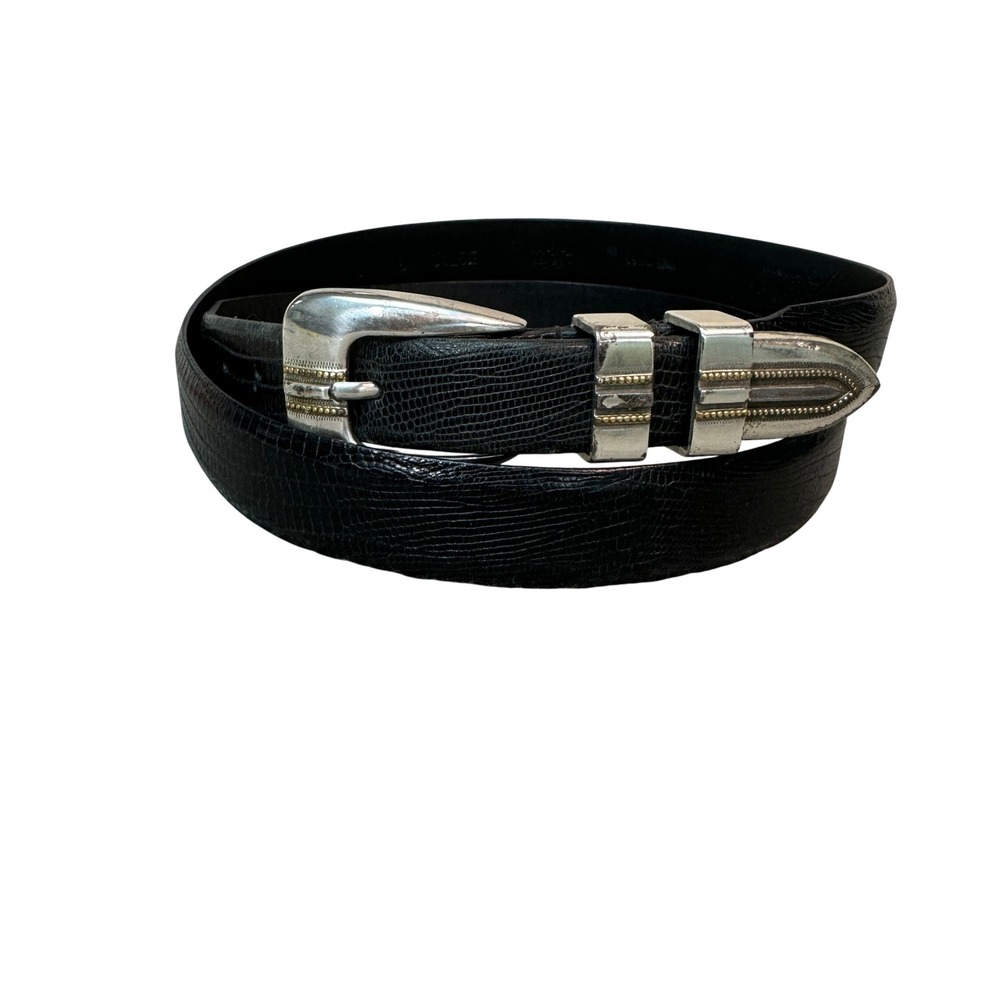 Tulliani Mens Black Lizard Embossed Leather Western Ranger Belt Silver Gold 48